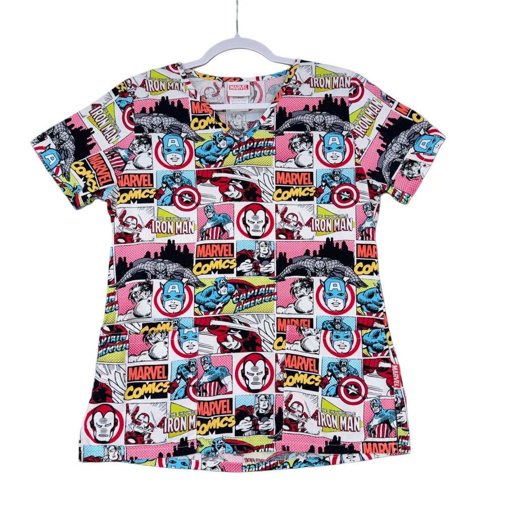 Marvel Comics Superheroes Collage Print V Neck Scrub Top Women's XS